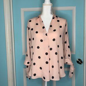 Worthington Cream with Black Polk A Dot Mid Tie Sleeve Blouse Small